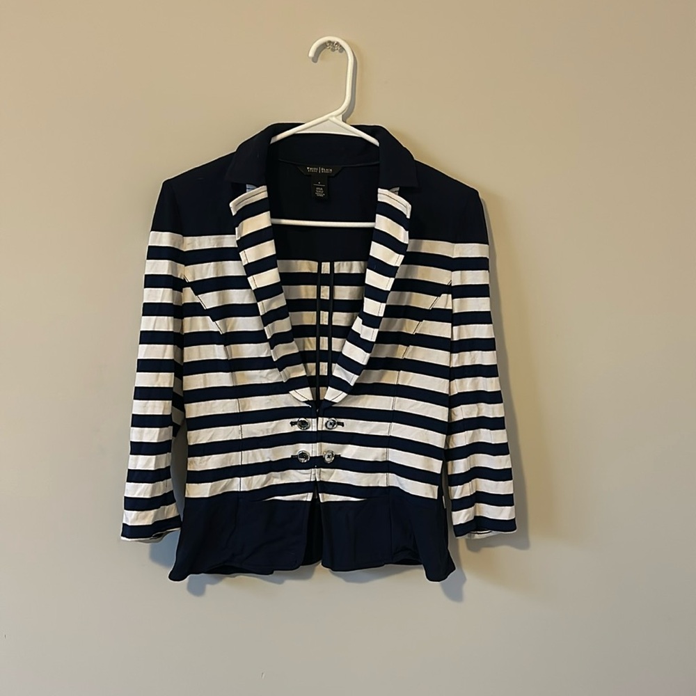 White House Black Market navy and white striped light jacket, size 4.